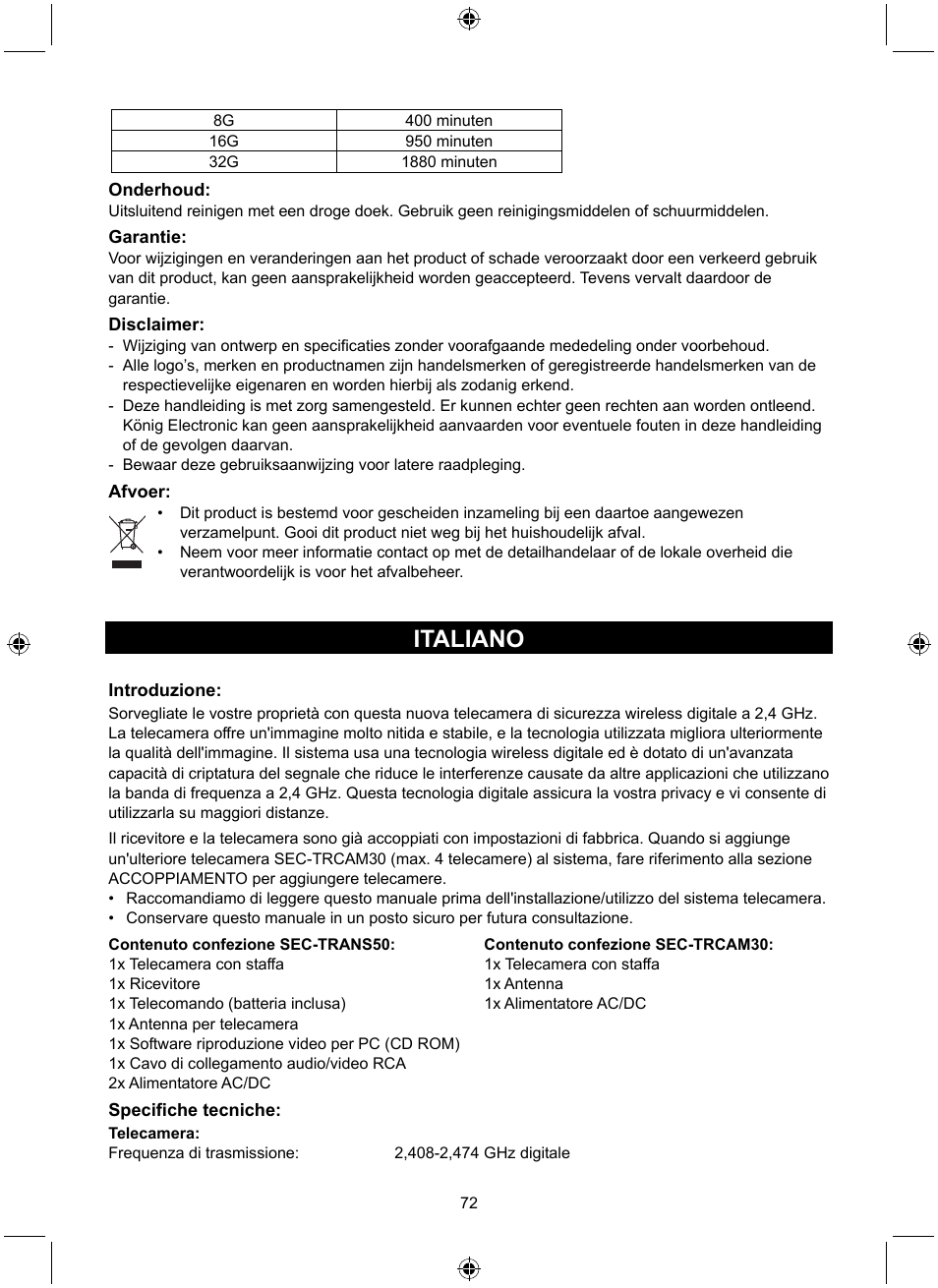 Italiano | Konig Electronic Digital 2.4 GHz wireless camera system User Manual | Page 72 / 252