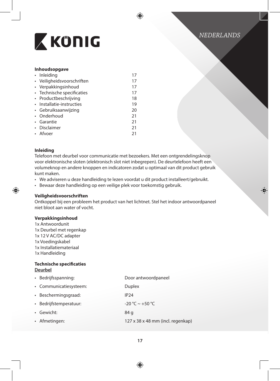 Nederlands | Konig Electronic Door phone intercom User Manual | Page 17 / 126