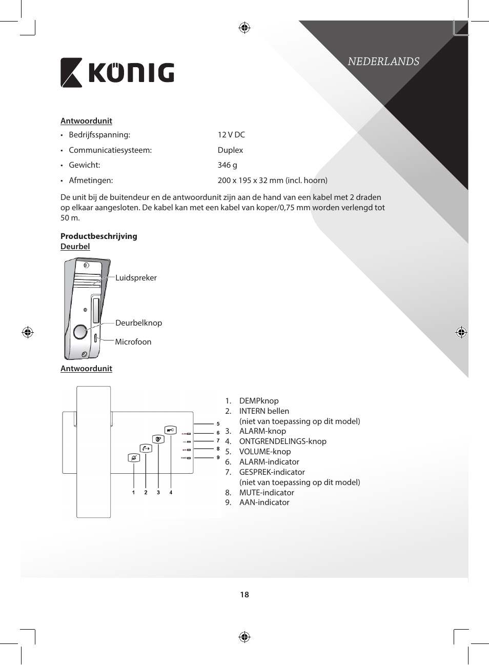 Nederlands | Konig Electronic Door phone intercom User Manual | Page 18 / 126