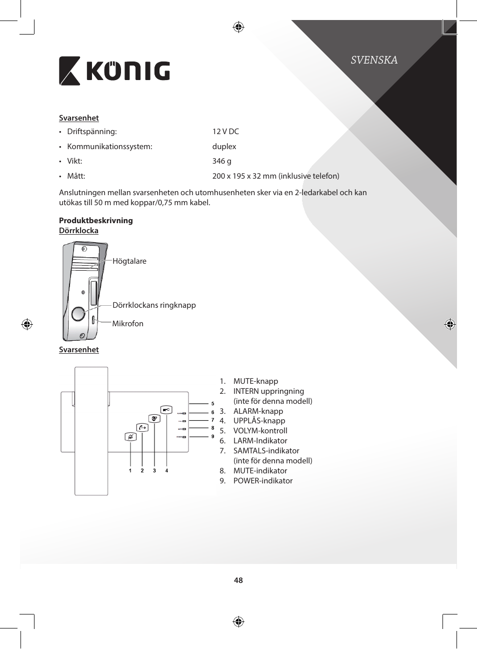 Svenska | Konig Electronic Door phone intercom User Manual | Page 48 / 126