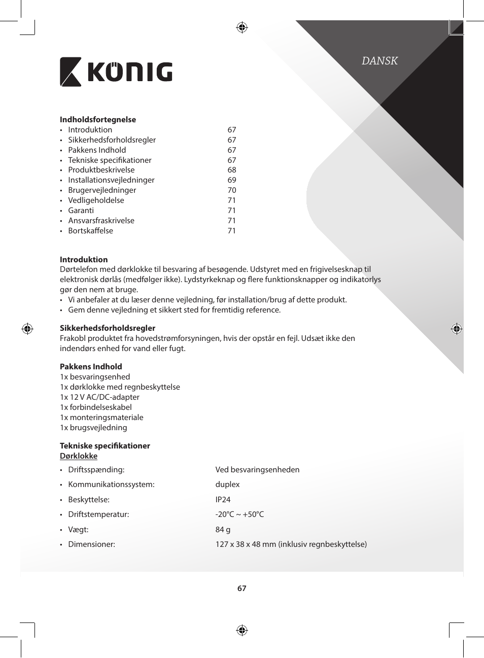 Dansk | Konig Electronic Door phone intercom User Manual | Page 67 / 126