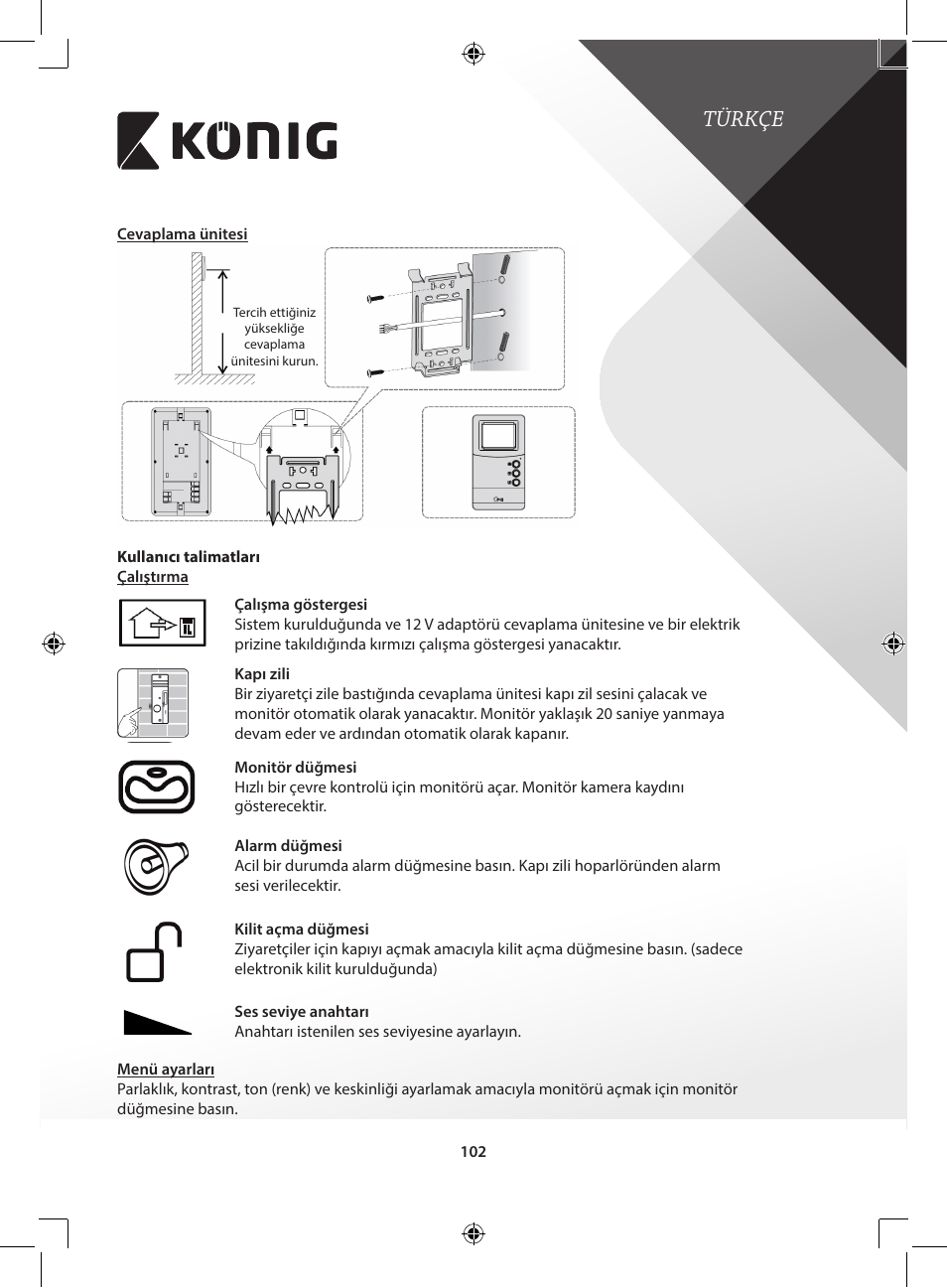 Türkçe | Konig Electronic Video door phone system User Manual | Page 102 / 151