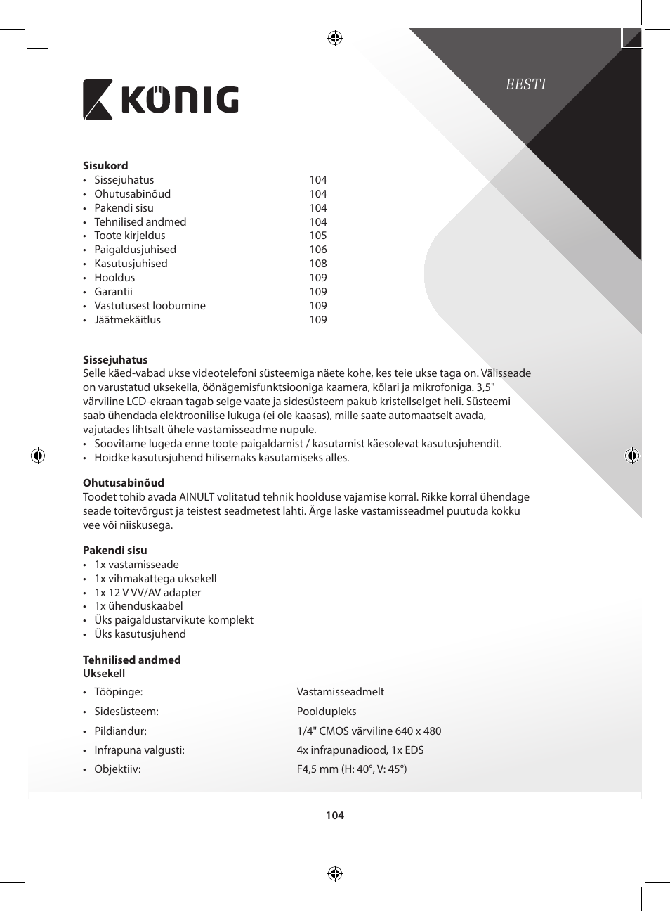 Eesti | Konig Electronic Video door phone system User Manual | Page 104 / 151