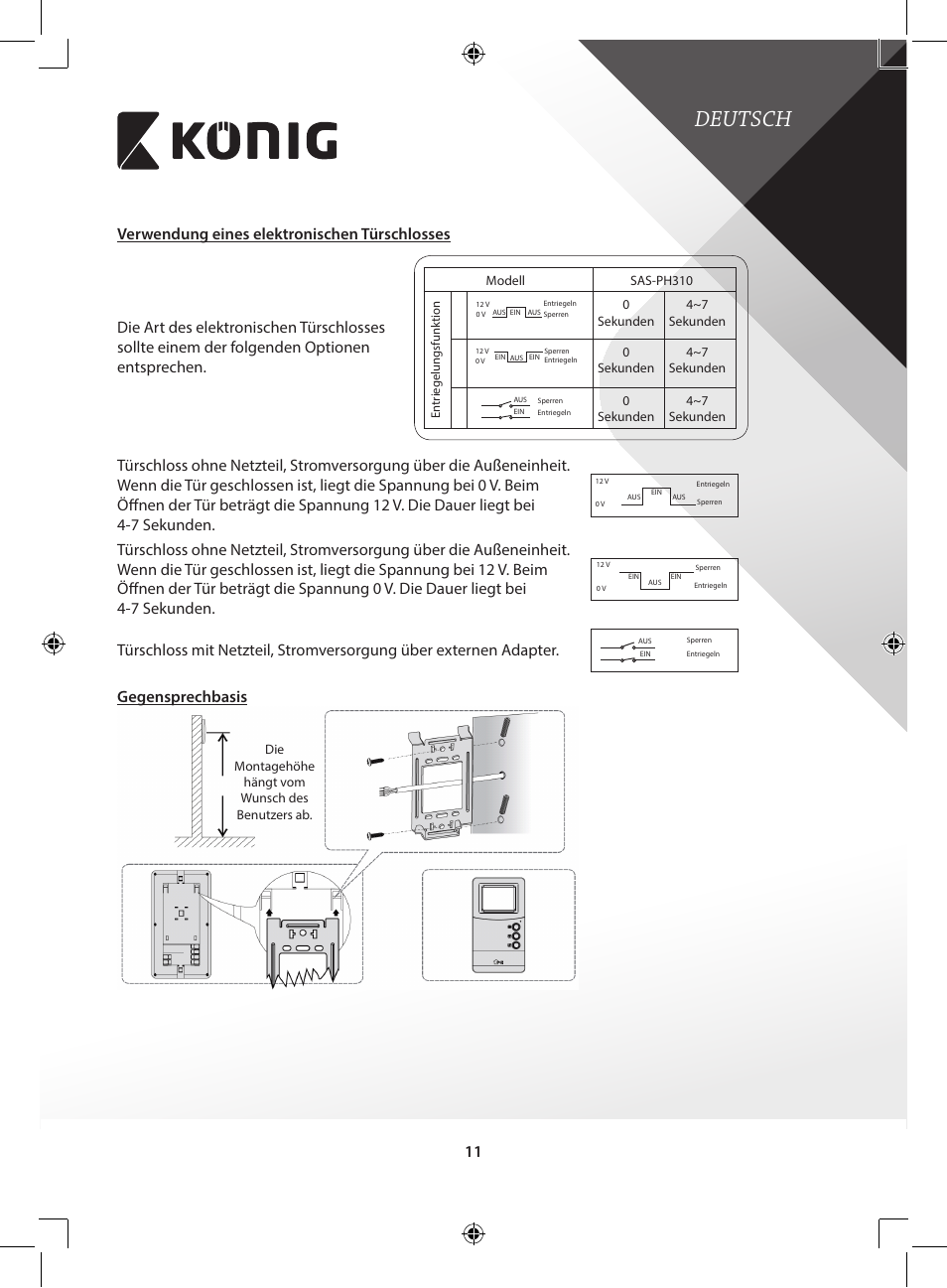 Deutsch, Gegensprechbasis | Konig Electronic Video door phone system User Manual | Page 11 / 151