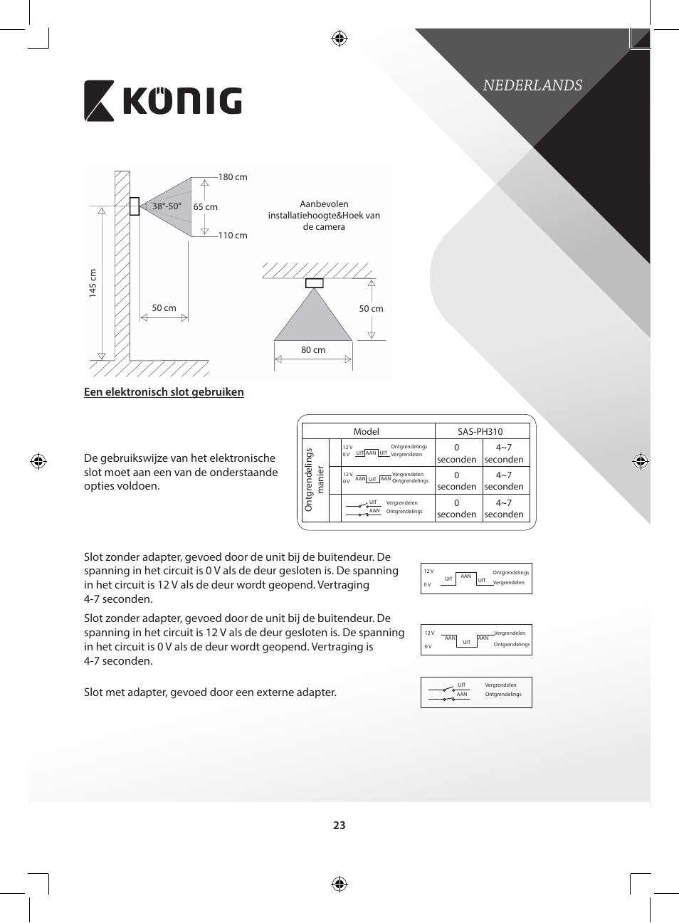 Nederlands, Slot met adapter, gevoed door een externe adapter | Konig Electronic Video door phone system User Manual | Page 23 / 151