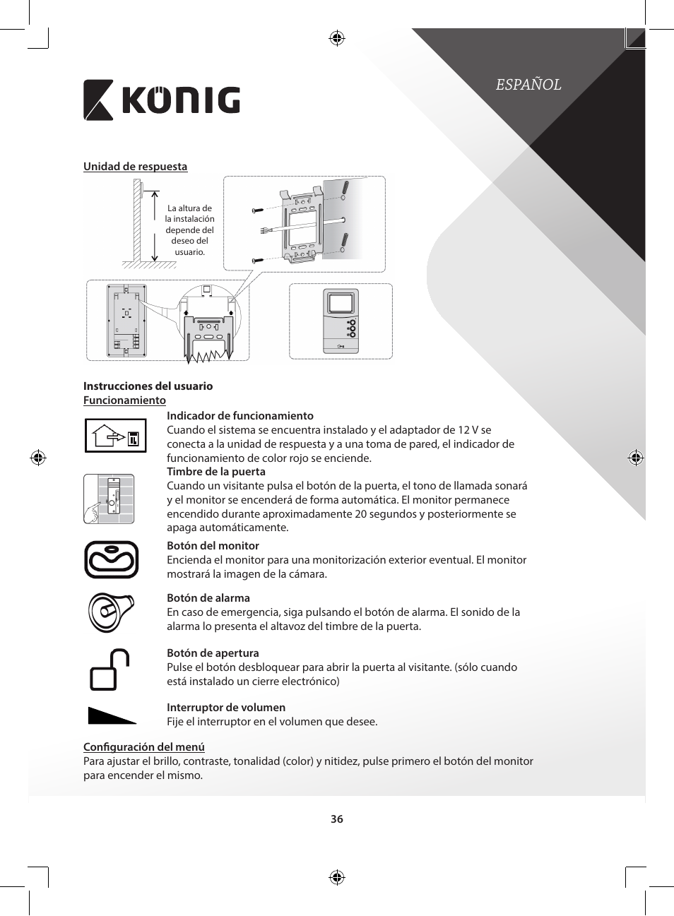 Español | Konig Electronic Video door phone system User Manual | Page 36 / 151