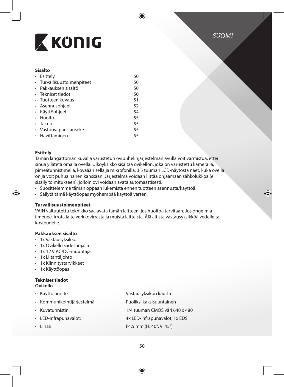 Suomi | Konig Electronic Video door phone system User Manual | Page 50 / 151