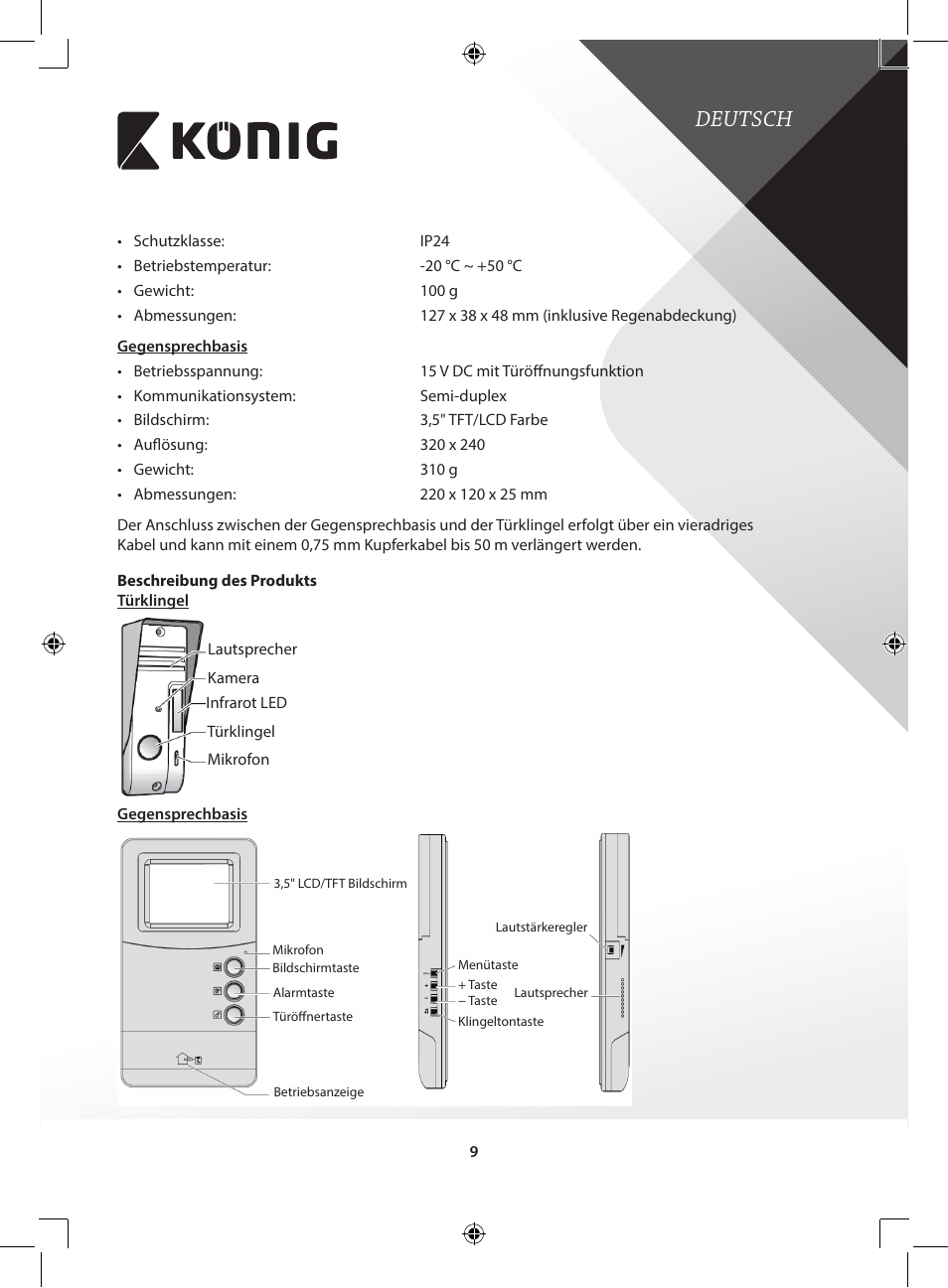 Deutsch | Konig Electronic Video door phone system User Manual | Page 9 / 151