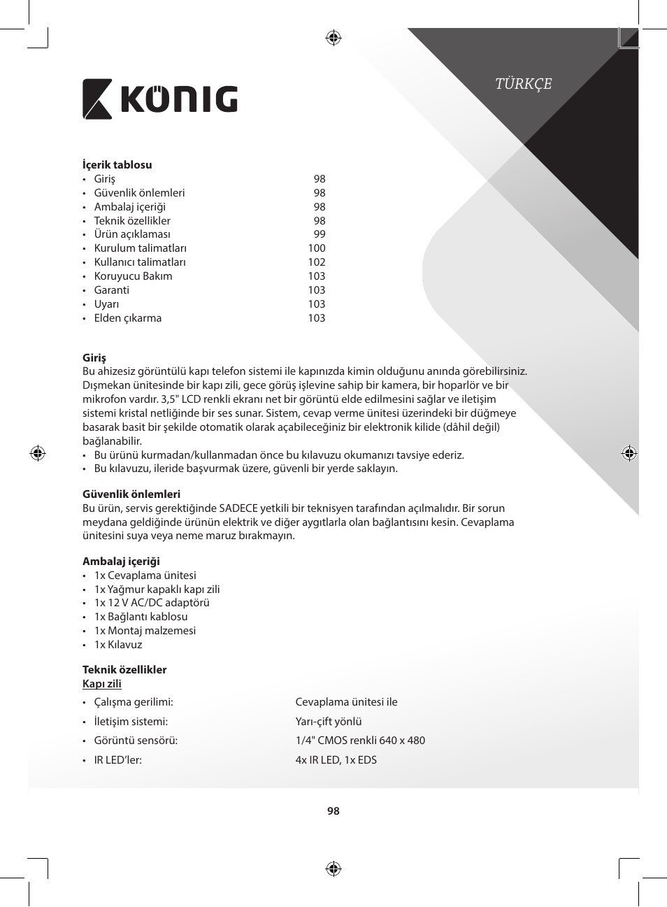 Türkçe | Konig Electronic Video door phone system User Manual | Page 98 / 151