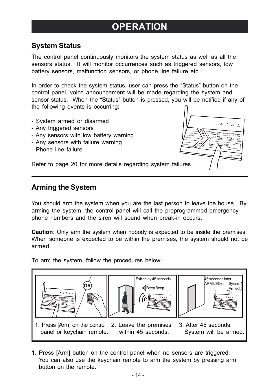 Operation, Arming the system, System status | Konig Electronic Wireless alarm system User Manual | Page 14 / 37