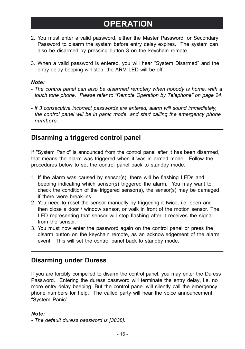 Operation, Disarming a triggered control panel, Disarming under duress | Konig Electronic Wireless alarm system User Manual | Page 16 / 37