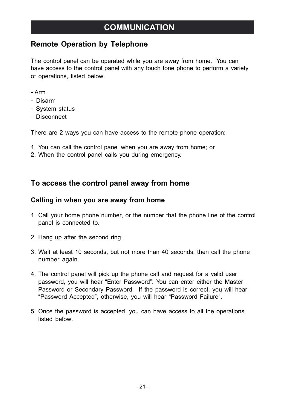 Communication, Remote operation by telephone | Konig Electronic Wireless alarm system User Manual | Page 21 / 37