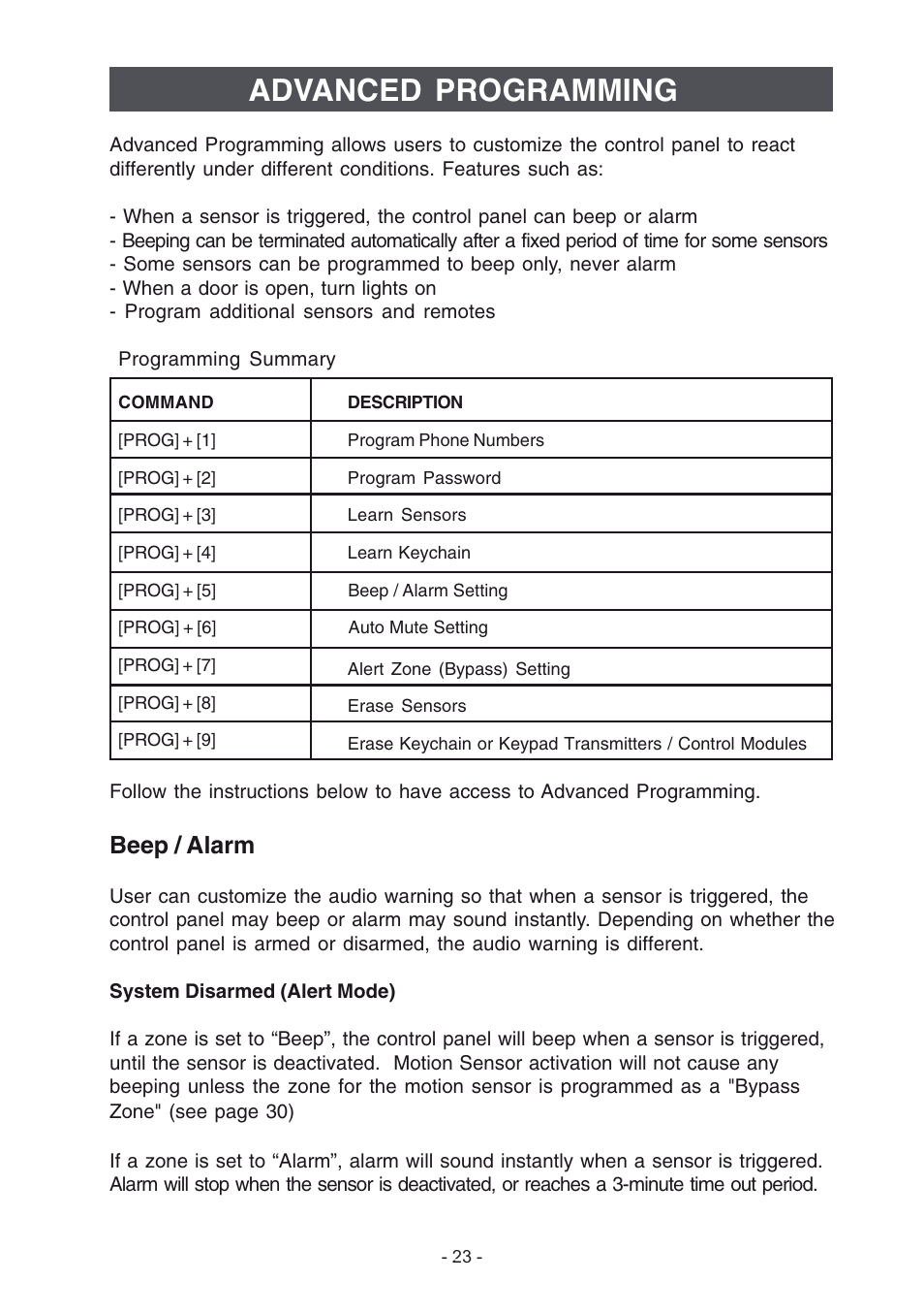 Advanced programming, Beep / alarm | Konig Electronic Wireless alarm system User Manual | Page 23 / 37