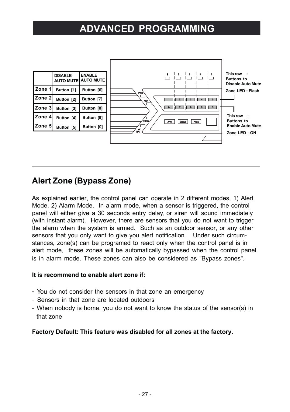 Advanced programming, Alert zone (bypass zone) | Konig Electronic Wireless alarm system User Manual | Page 27 / 37