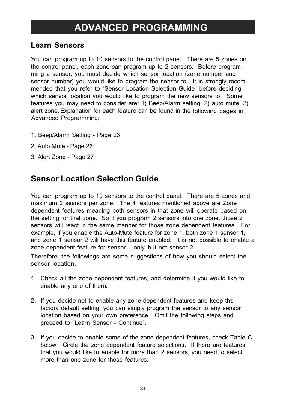 Advanced programming, Sensor location selection guide, Learn sensors | Konig Electronic Wireless alarm system User Manual | Page 31 / 37