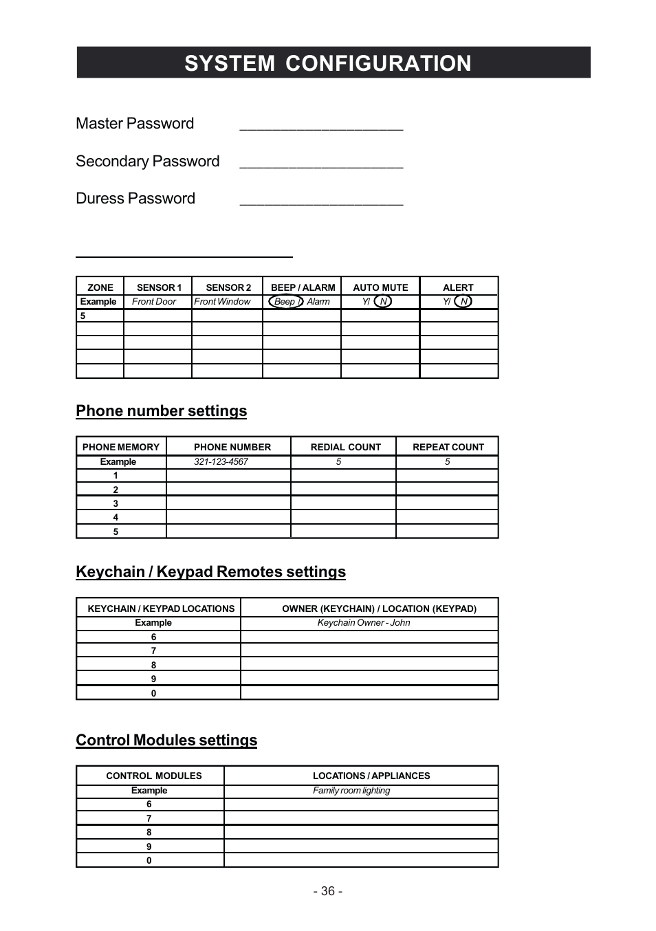 System configuration, Phone number settings, Keychain / keypad remotes settings | Control modules settings | Konig Electronic Wireless alarm system User Manual | Page 36 / 37