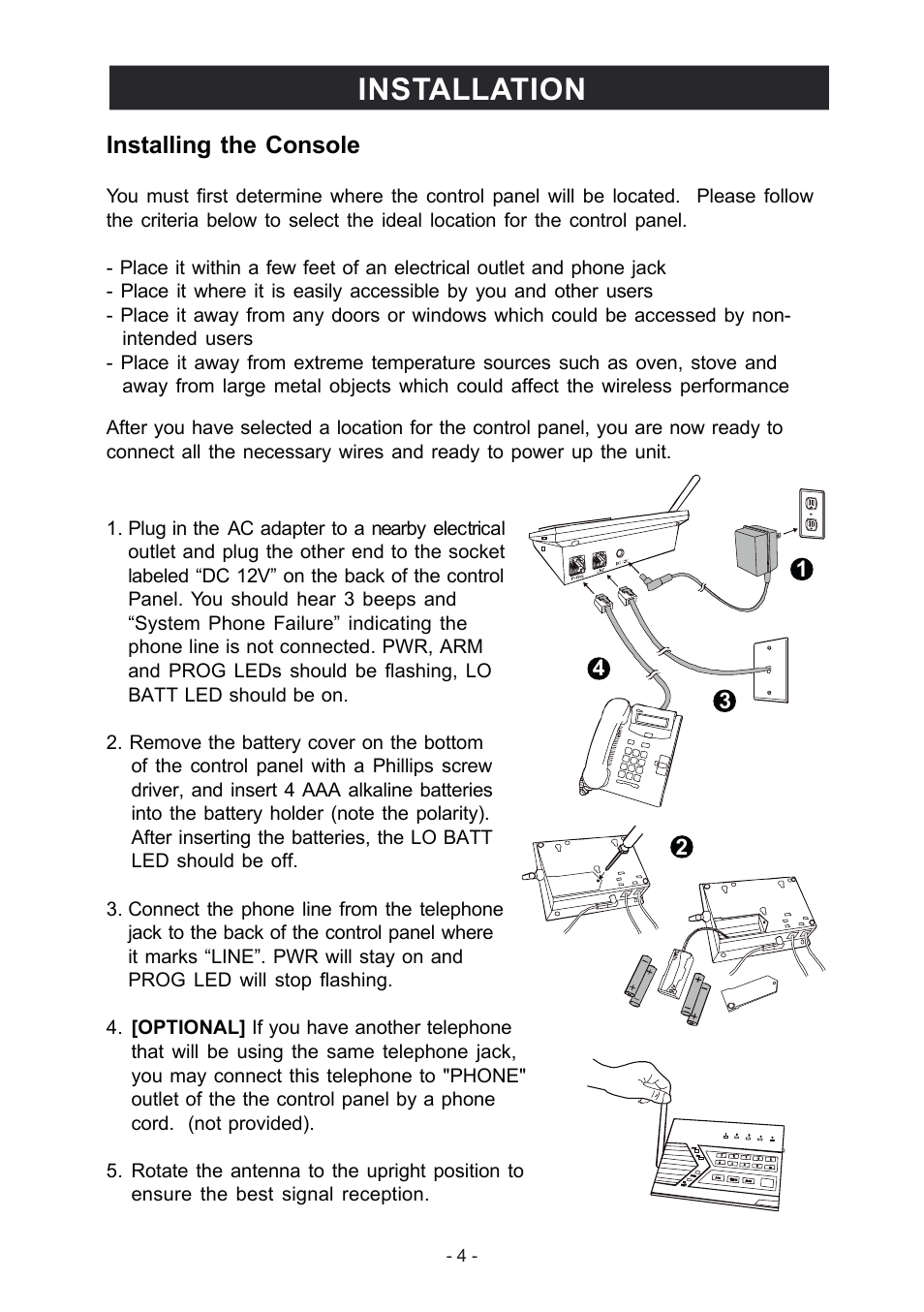 Installation, Installing the console | Konig Electronic Wireless alarm system User Manual | Page 4 / 37