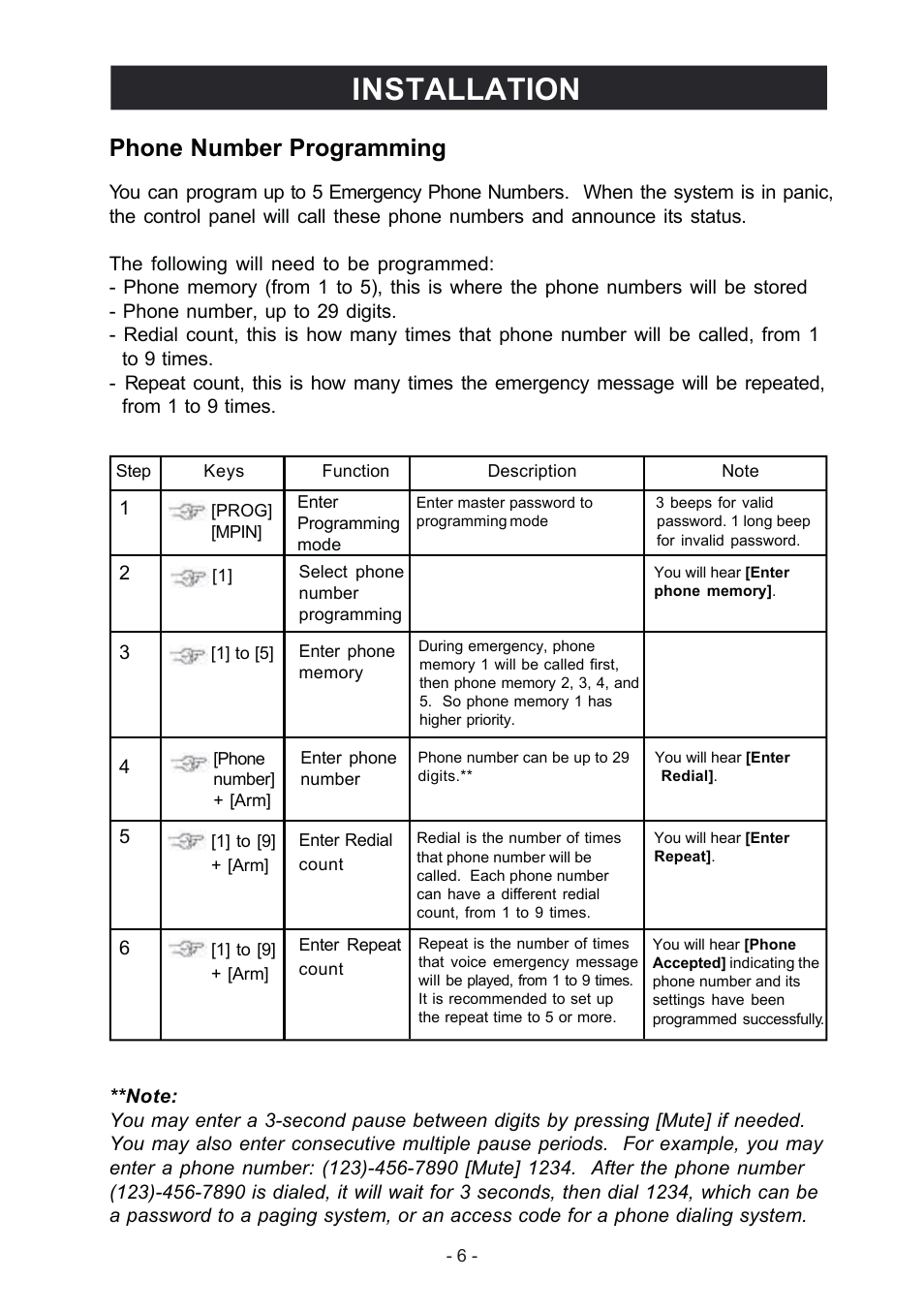 Installation, Phone number programming | Konig Electronic Wireless alarm system User Manual | Page 6 / 37
