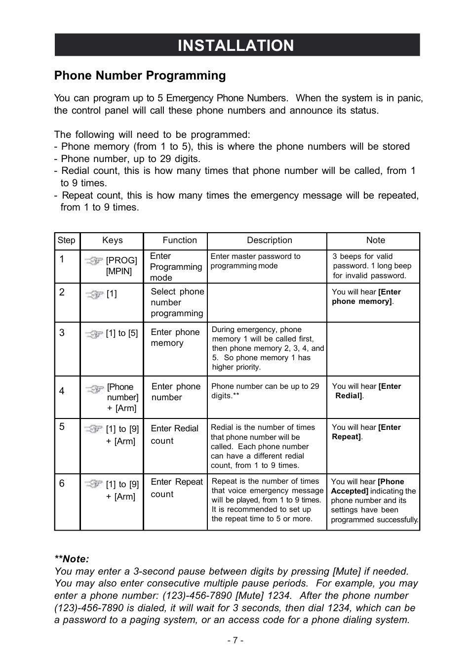 Installation, Phone number programming | Konig Electronic Wireless alarm system User Manual | Page 7 / 37