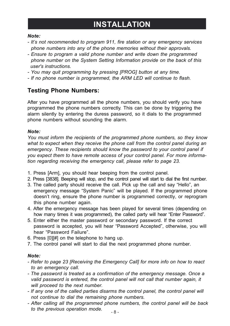 Installation, Testing phone numbers | Konig Electronic Wireless alarm system User Manual | Page 8 / 37