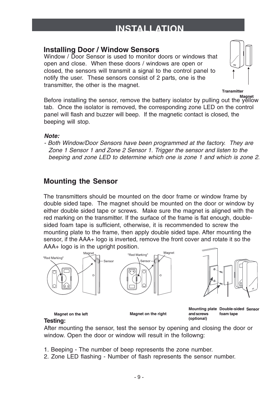 Installation, Mounting the sensor, Ins talling door / window sensors | Konig Electronic Wireless alarm system User Manual | Page 9 / 37