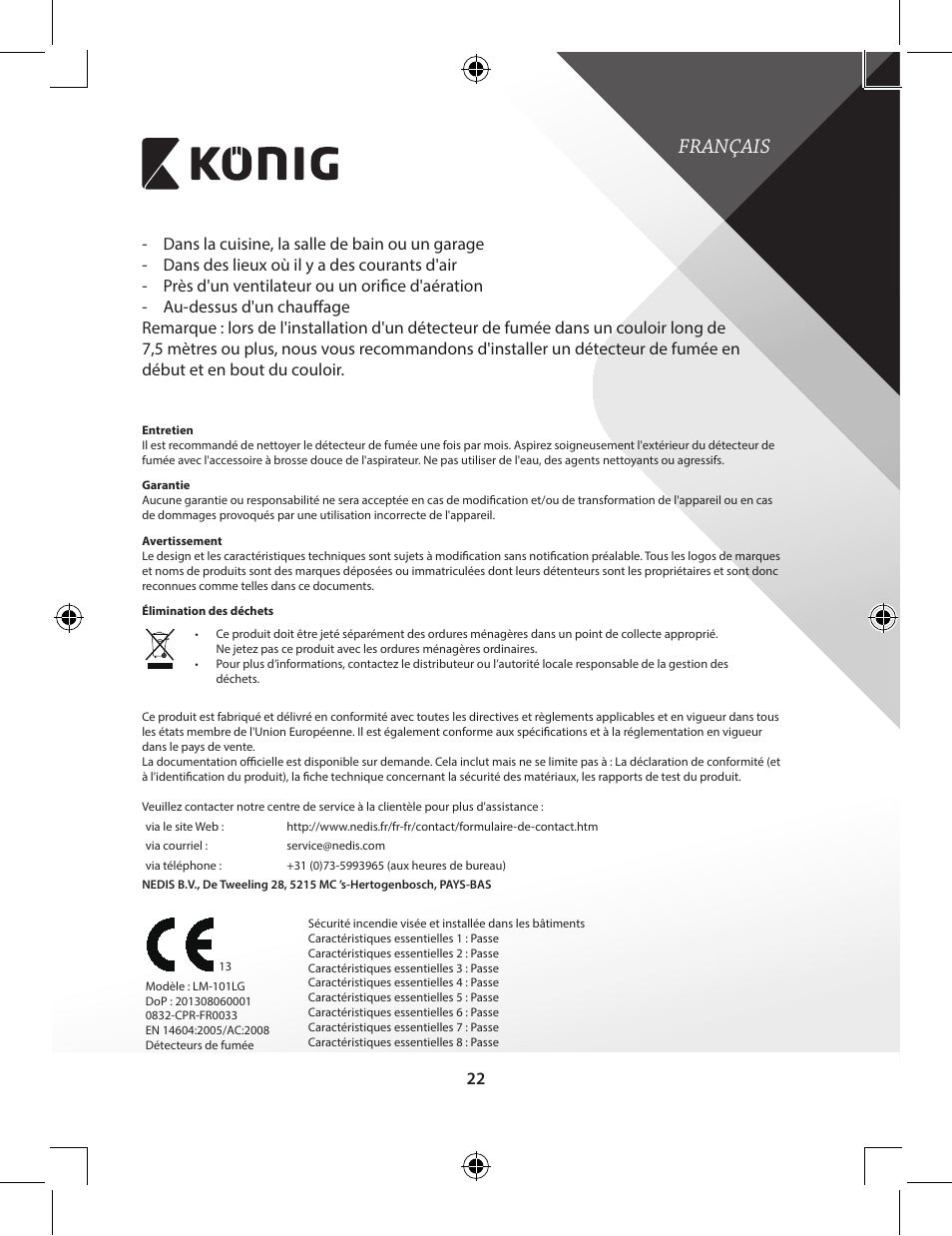 Français | Konig Electronic Duo-pack wireless interconnectable smoke alarm User Manual | Page 22 / 176