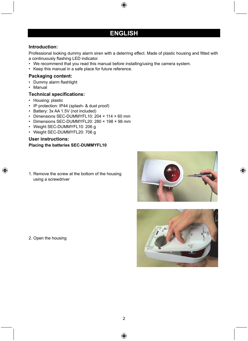 English | Konig Electronic Dummy alarm siren User Manual | Page 2 / 45