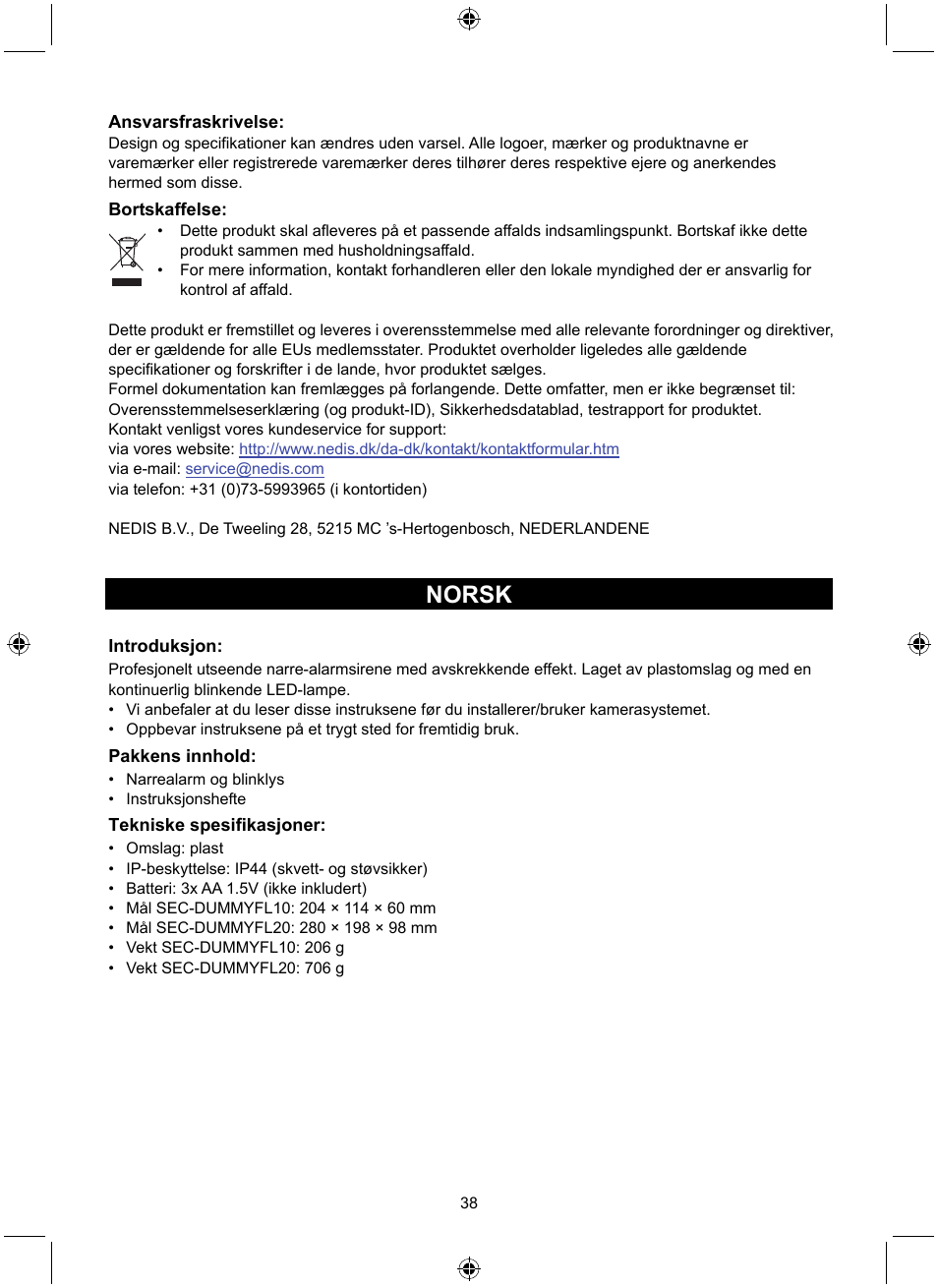 Norsk | Konig Electronic Dummy alarm siren User Manual | Page 38 / 45