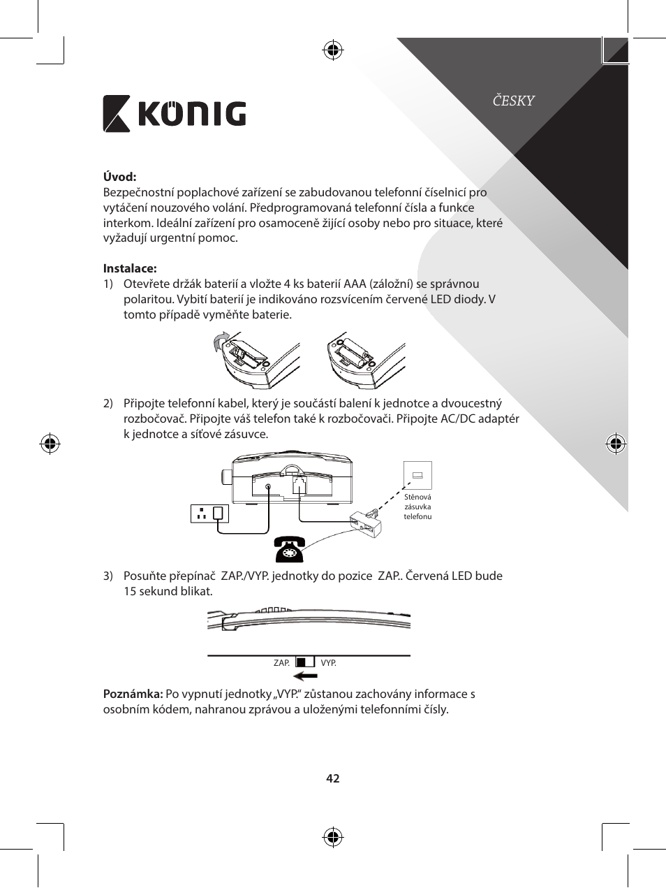 Česky | Konig Electronic telephone dialer with panic button User Manual | Page 42 / 101