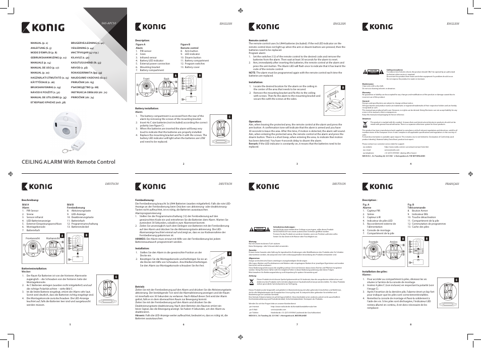 Konig Electronic Ceiling alarm with motion detector 130 dB User Manual | 10 pages