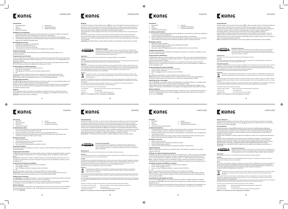 Gevaar voor elektrische schok niet openen, Rischio di scosse elettriche non aprire, Riesgo de electrocución no abrir | Risco de choque eléctrico não abrir | Konig Electronic Telephone dialler with alarm User Manual | Page 2 / 5