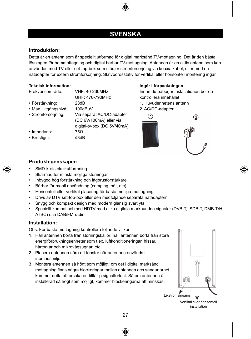 Svenska | Konig Electronic Design indoor DVB-T antenna with LTE filter User Manual | Page 27 / 51