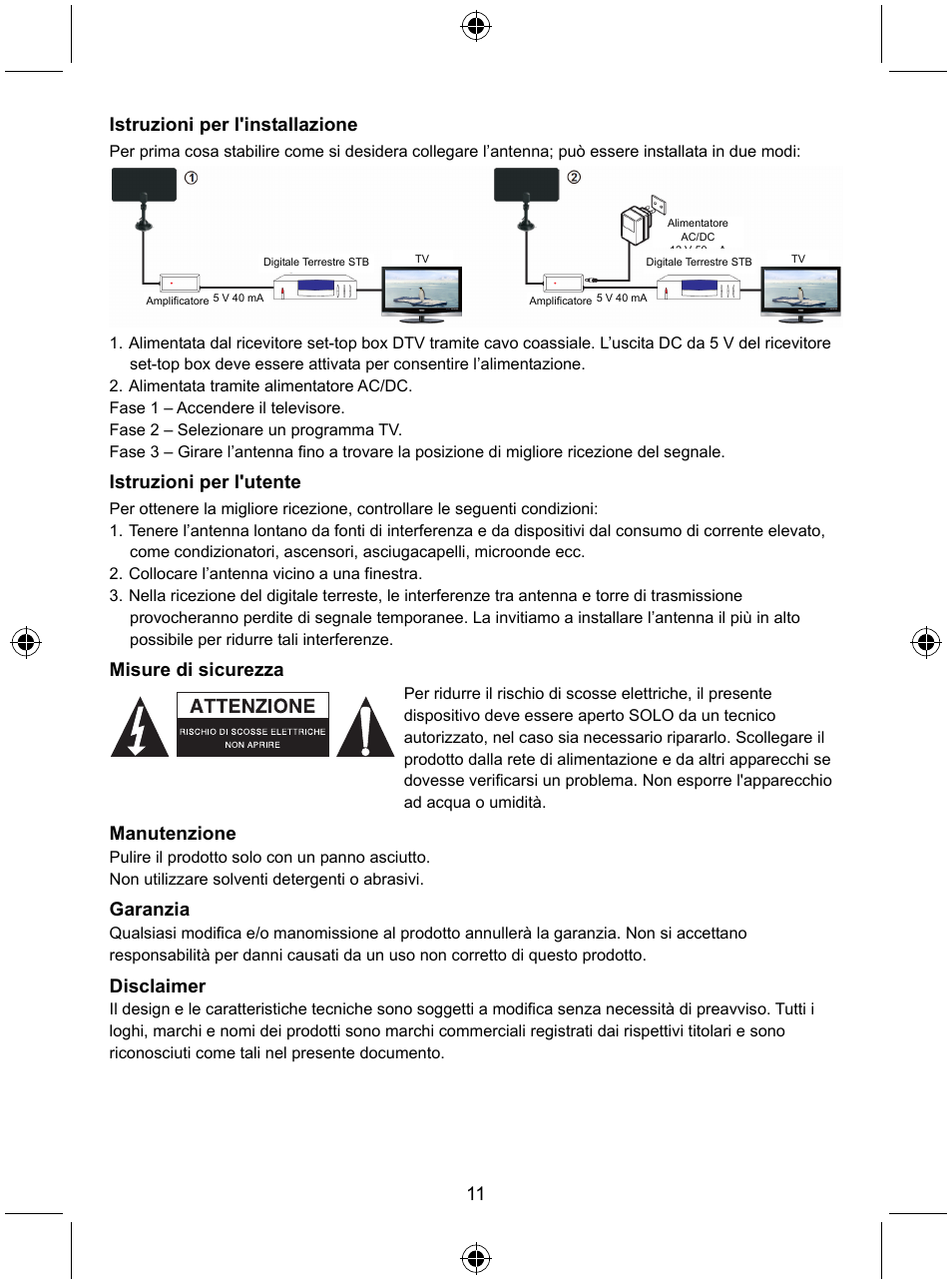 11 istruzioni per l'installazione, Istruzioni per l'utente, Misure di sicurezza | Manutenzione, Garanzia, Disclaimer | Konig Electronic Indoor DVB-T antenna tablet design 30 dB UHF User Manual | Page 11 / 44