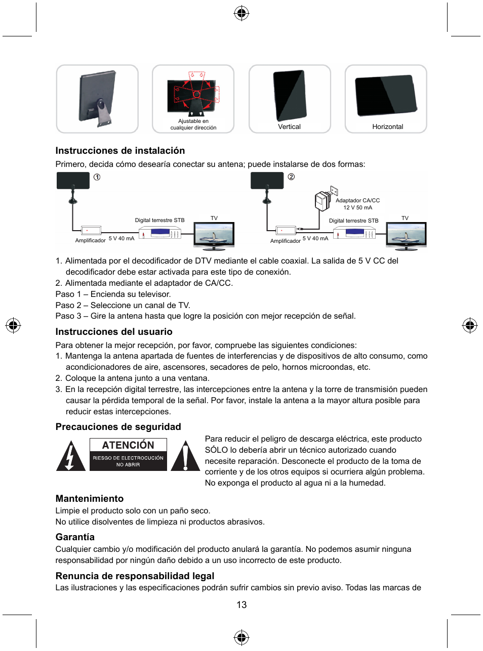 Instrucciones de instalación, Instrucciones del usuario, Precauciones de seguridad | Mantenimiento, Garantía, Renuncia de responsabilidad legal | Konig Electronic Indoor DVB-T antenna tablet design 30 dB UHF User Manual | Page 13 / 44