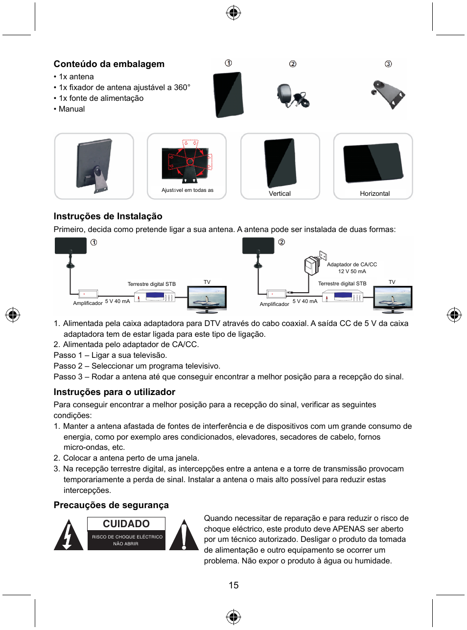 Cuidado, 15 conteúdo da embalagem, Instruções de instalação | Instruções para o utilizador, Precauções de segurança | Konig Electronic Indoor DVB-T antenna tablet design 30 dB UHF User Manual | Page 15 / 44