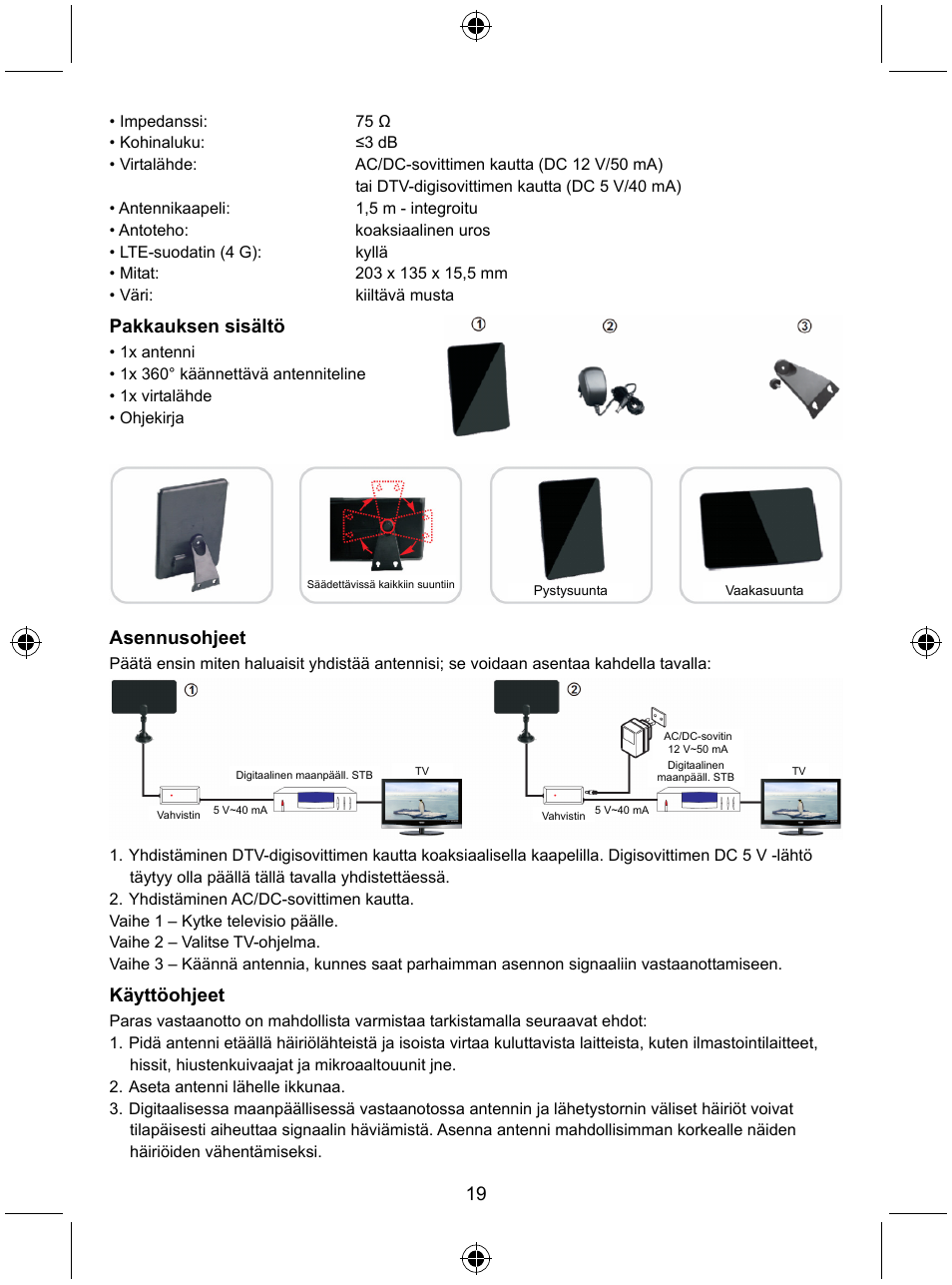 Pakkauksen sisältö, Asennusohjeet, Käyttöohjeet | Konig Electronic Indoor DVB-T antenna tablet design 30 dB UHF User Manual | Page 19 / 44
