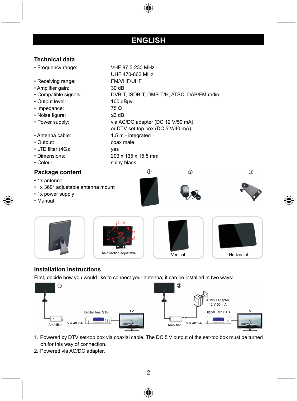 English, Technical data, Package content | Installation instructions | Konig Electronic Indoor DVB-T antenna tablet design 30 dB UHF User Manual | Page 2 / 44