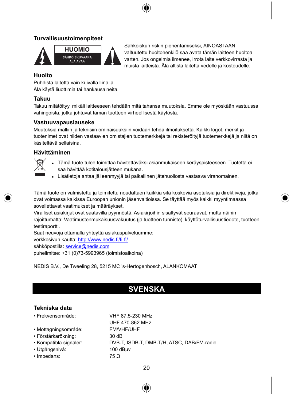 Svenska | Konig Electronic Indoor DVB-T antenna tablet design 30 dB UHF User Manual | Page 20 / 44