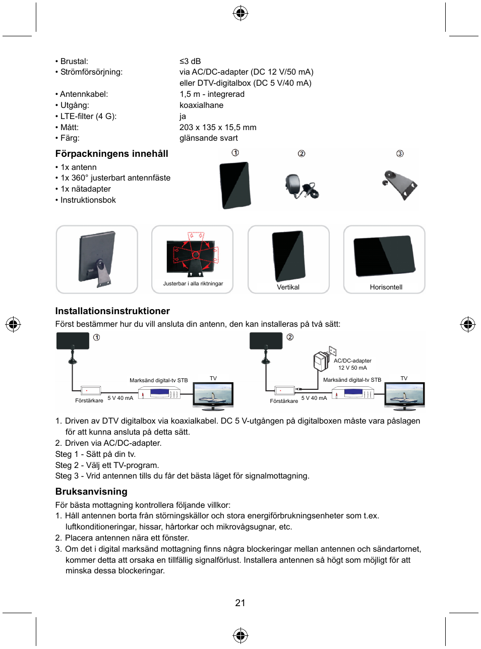 Förpackningens innehåll, Installationsinstruktioner, Bruksanvisning | Konig Electronic Indoor DVB-T antenna tablet design 30 dB UHF User Manual | Page 21 / 44