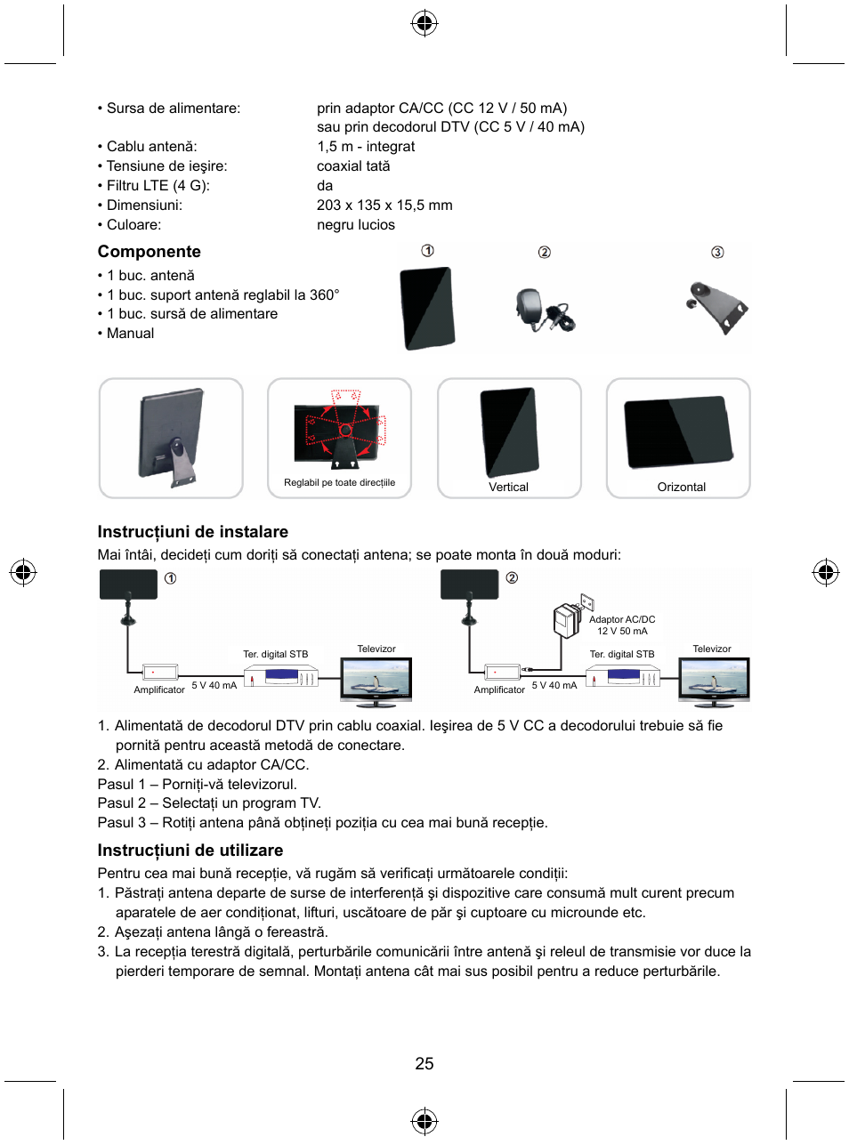 Componente, Instrucţiuni de instalare, Instrucţiuni de utilizare | Konig Electronic Indoor DVB-T antenna tablet design 30 dB UHF User Manual | Page 25 / 44