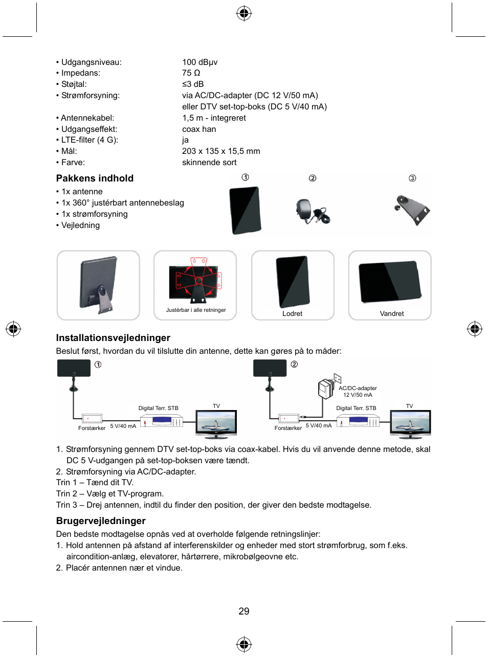 Pakkens indhold, Installationsvejledninger, Brugervejledninger | Konig Electronic Indoor DVB-T antenna tablet design 30 dB UHF User Manual | Page 29 / 44