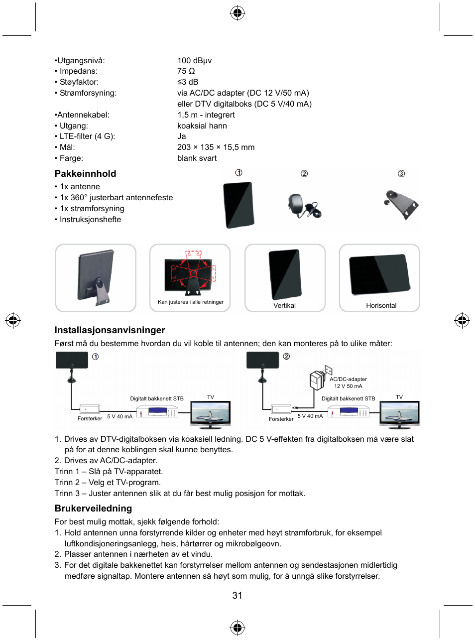 Pakkeinnhold, Installasjonsanvisninger, Brukerveiledning | Konig Electronic Indoor DVB-T antenna tablet design 30 dB UHF User Manual | Page 31 / 44