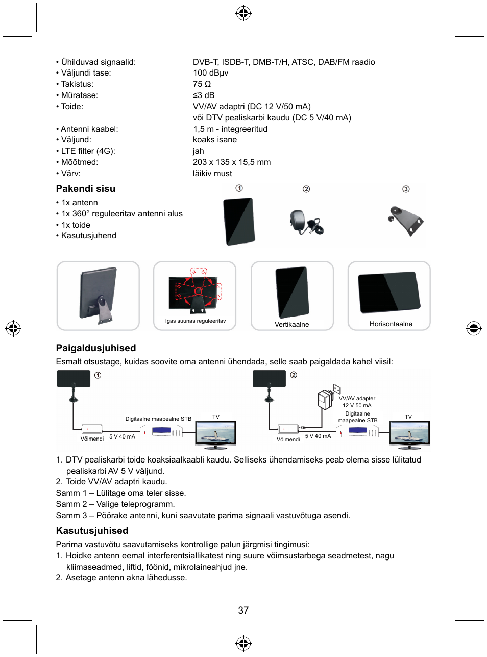 Pakendi sisu, Paigaldusjuhised, Kasutusjuhised | Konig Electronic Indoor DVB-T antenna tablet design 30 dB UHF User Manual | Page 37 / 44
