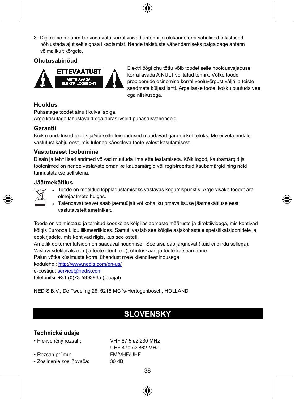 Slovensky | Konig Electronic Indoor DVB-T antenna tablet design 30 dB UHF User Manual | Page 38 / 44