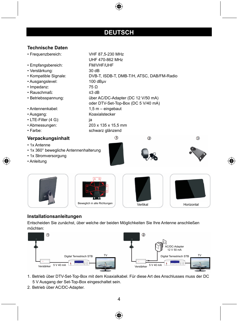Deutsch, Technische daten, Verpackungsinhalt | Installationsanleitungen | Konig Electronic Indoor DVB-T antenna tablet design 30 dB UHF User Manual | Page 4 / 44