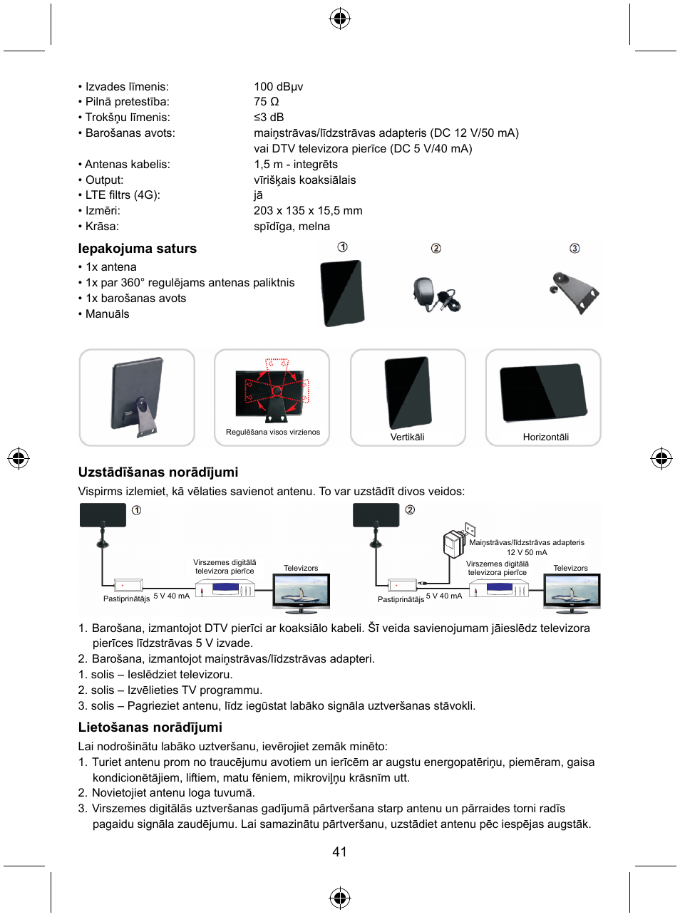 Iepakojuma saturs, Uzstādīšanas norādījumi, Lietošanas norādījumi | Konig Electronic Indoor DVB-T antenna tablet design 30 dB UHF User Manual | Page 41 / 44