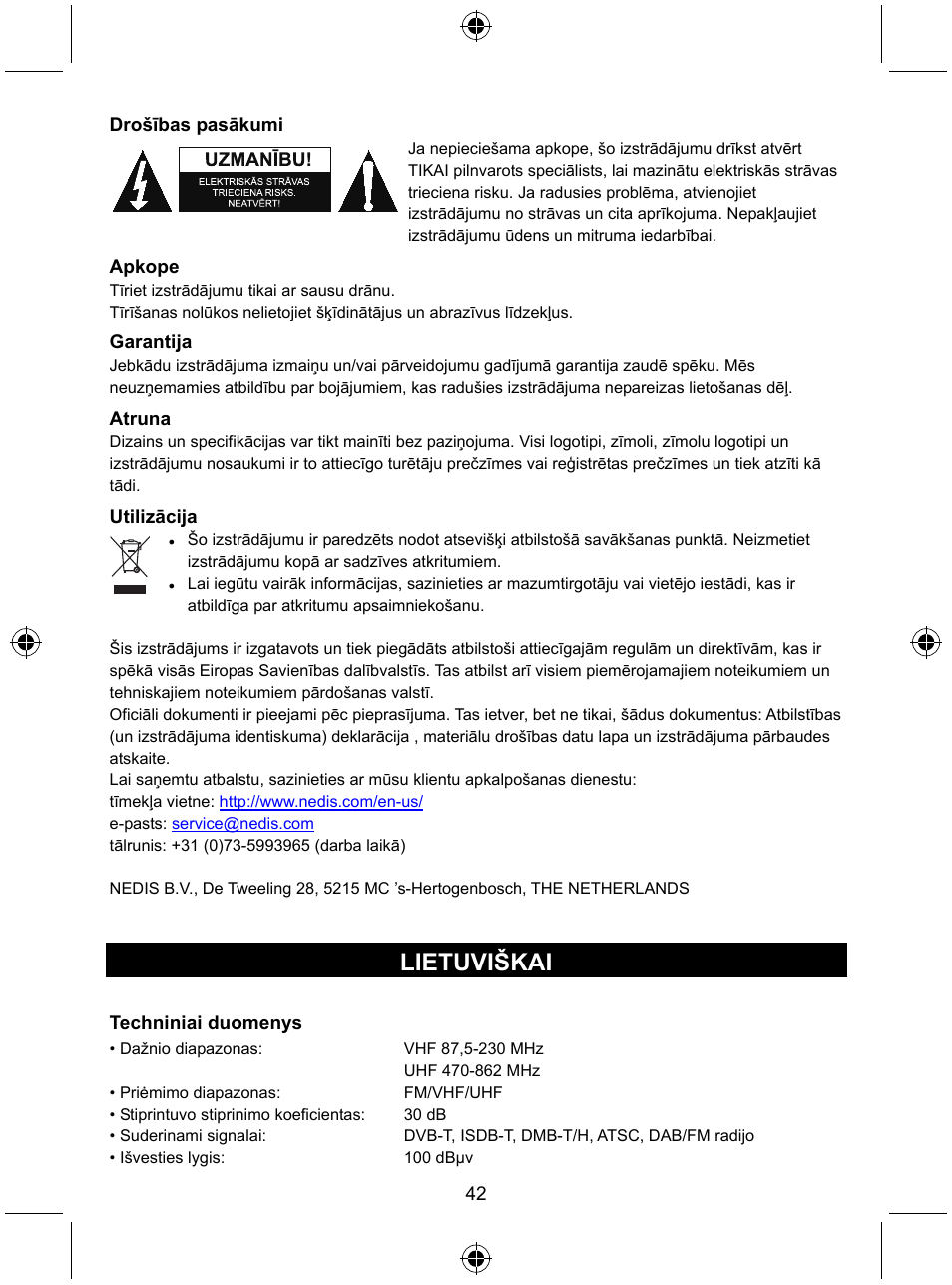 Lietuviškai | Konig Electronic Indoor DVB-T antenna tablet design 30 dB UHF User Manual | Page 42 / 44
