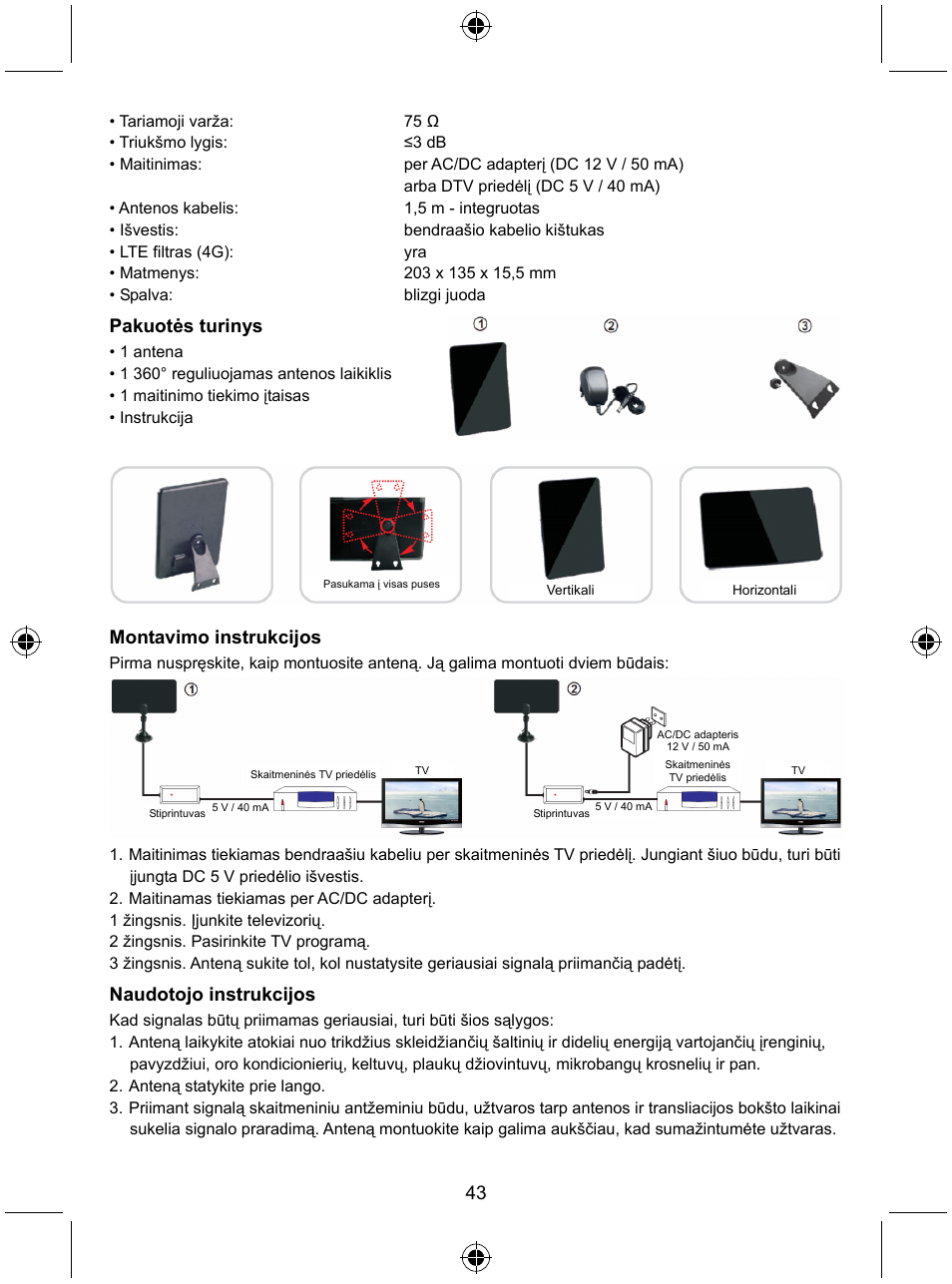 Pakuotės turinys, Montavimo instrukcijos, Naudotojo instrukcijos | Konig Electronic Indoor DVB-T antenna tablet design 30 dB UHF User Manual | Page 43 / 44
