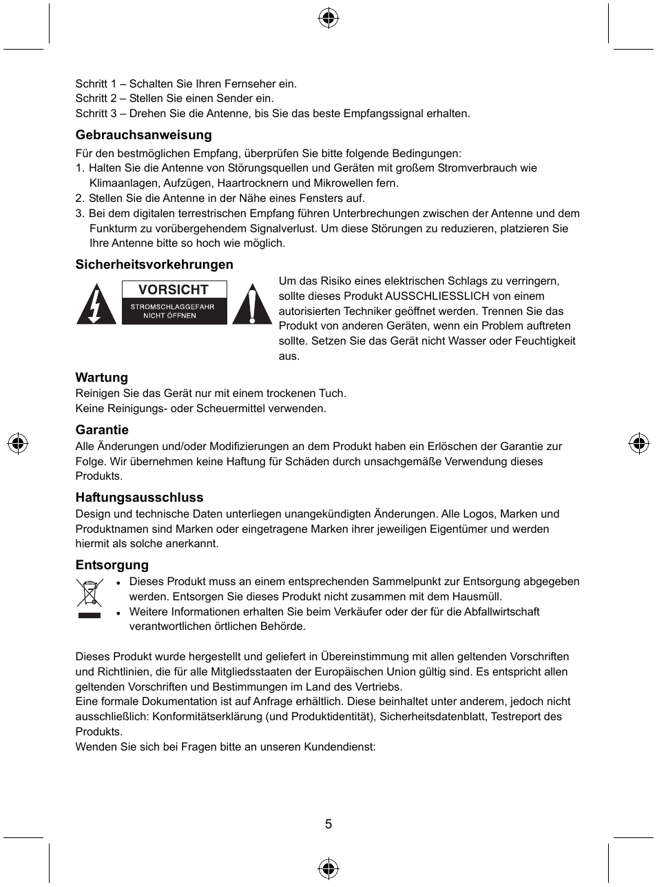 Gebrauchsanweisung, Sicherheitsvorkehrungen, Wartung | Garantie, Haftungsausschluss, Entsorgung | Konig Electronic Indoor DVB-T antenna tablet design 30 dB UHF User Manual | Page 5 / 44