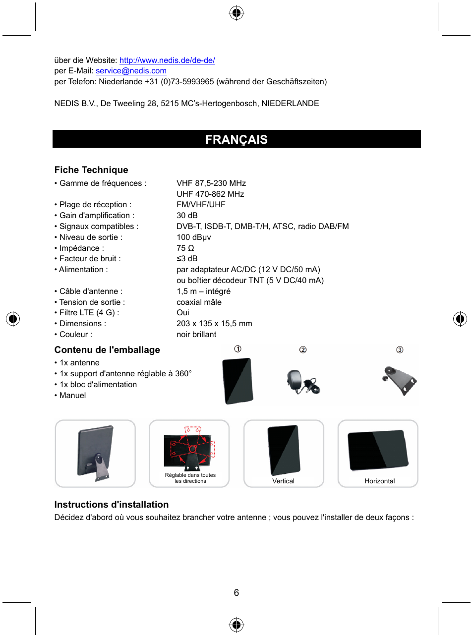 Français | Konig Electronic Indoor DVB-T antenna tablet design 30 dB UHF User Manual | Page 6 / 44